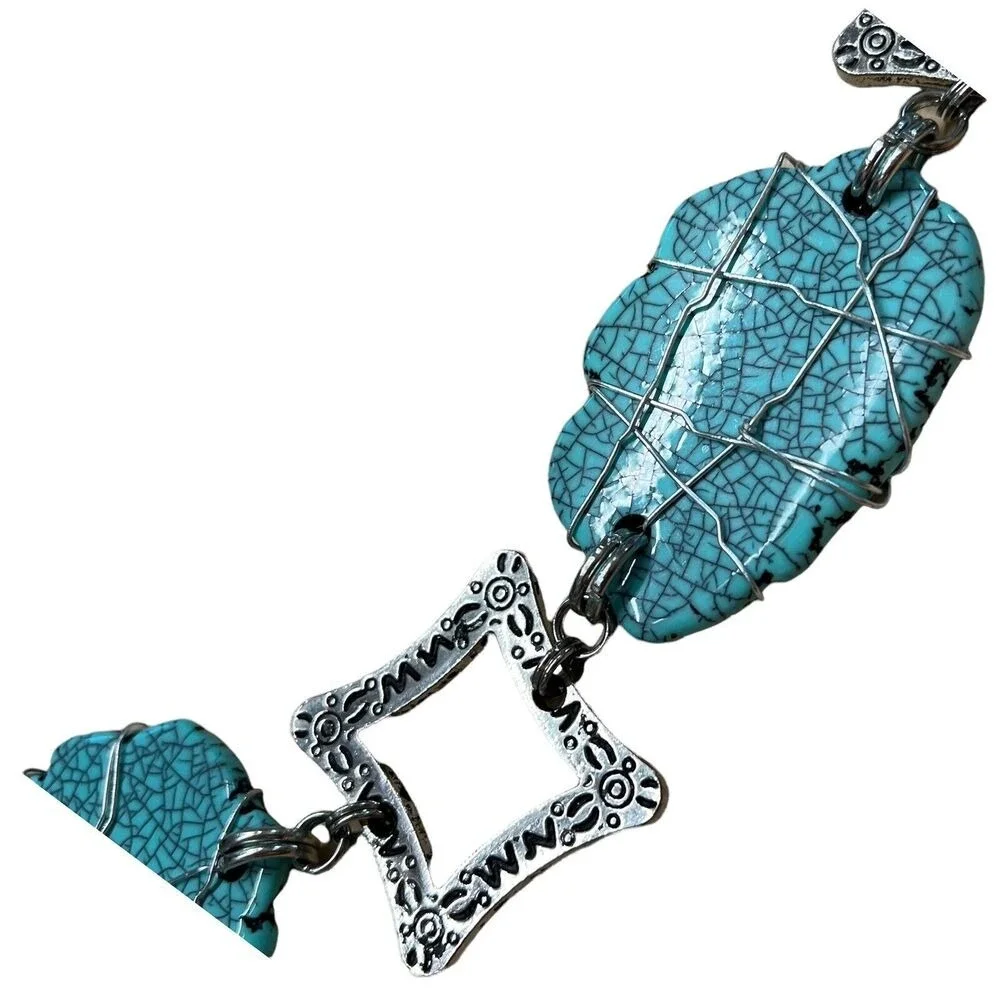 Silver Tone Adjustable Chain Wire‎ Wrapped Faux Turquoise Chunky Belt